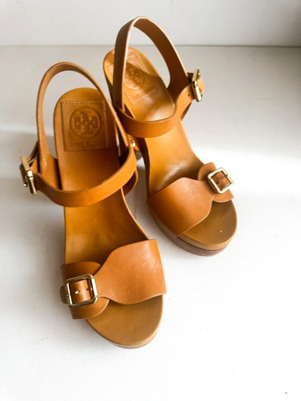 Tory Burch Brown Leather Stacked Heel Sandals 8.5